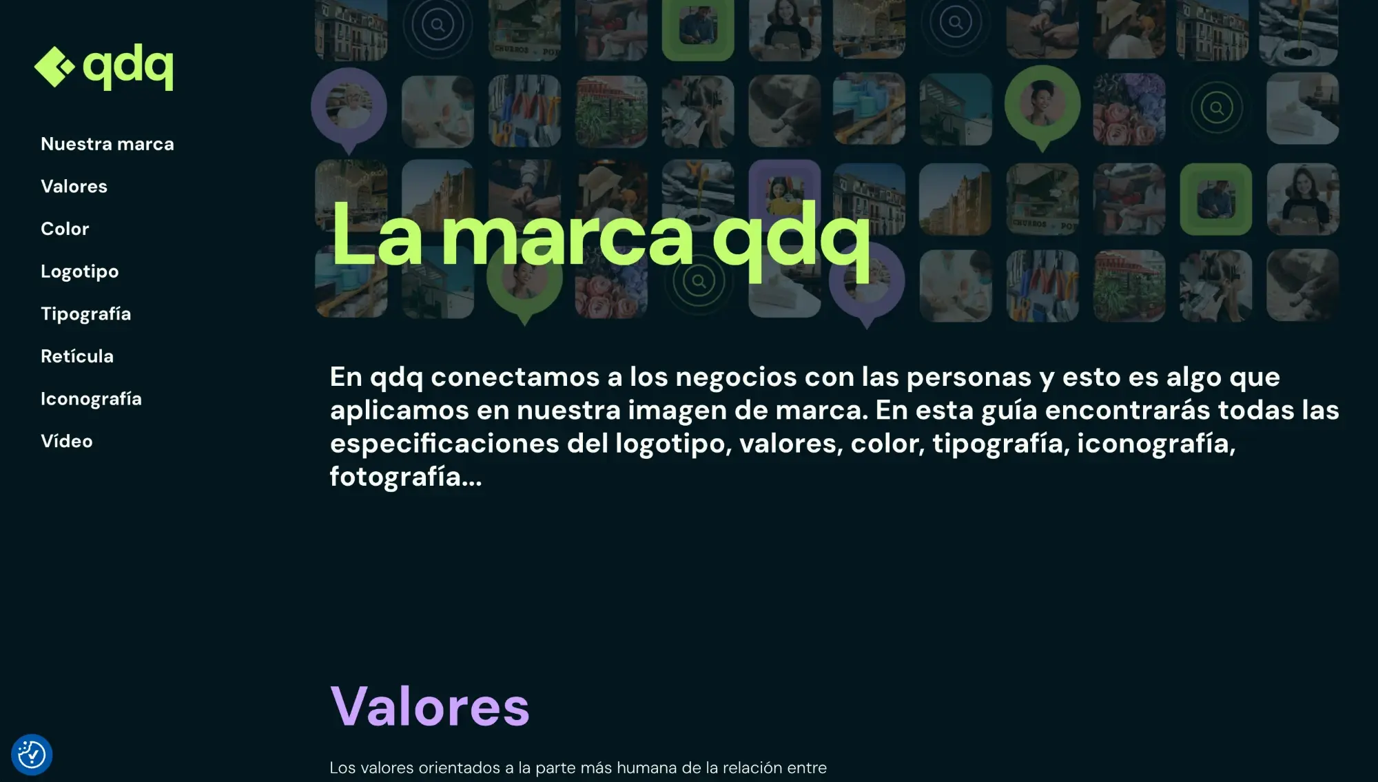 Sitio de la guía de marca «La marca qdq» con un menú lateral oscuro (valores, color, logotipo, tipografía, retícula, iconografía, vídeo).