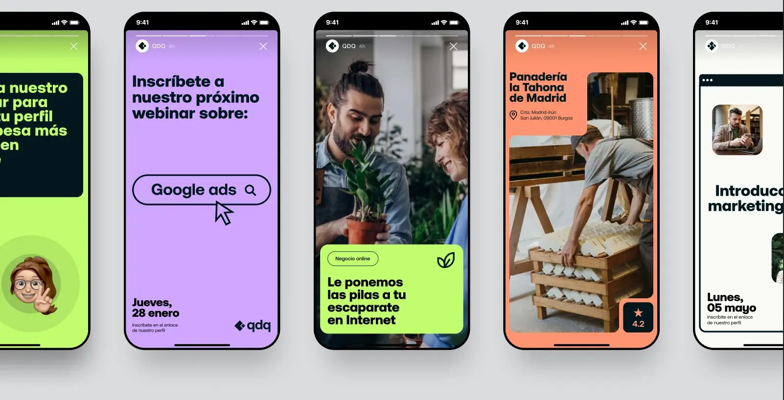 Cinco móviles con historias de Instagram de qdq en verde, lila, foto y naranja: un webinar de Google Ads, una floristera y una panadería.