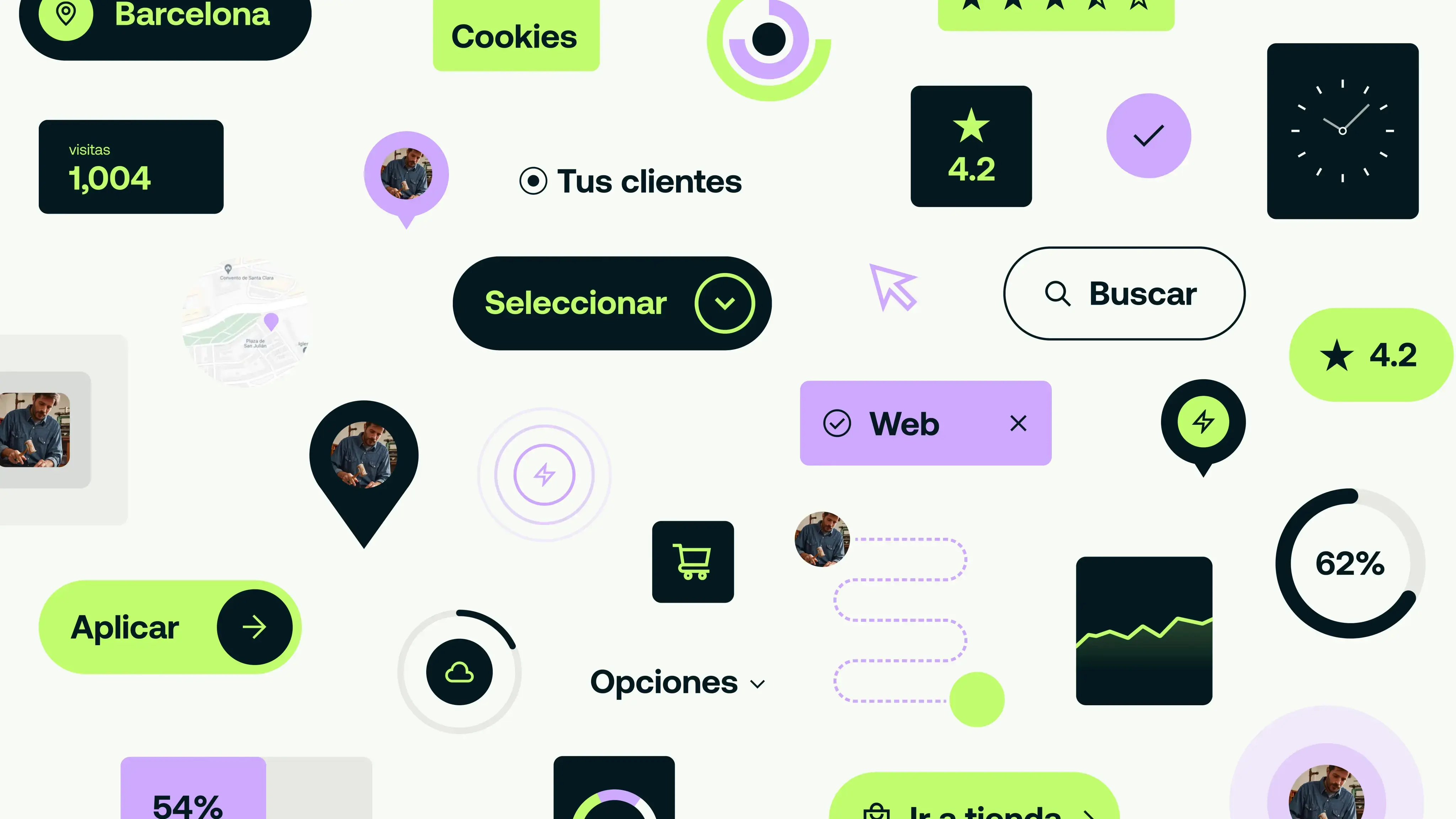 Conjunto de componentes de interfaz de qdq en verde, lila y azul marino oscuro: etiquetas de ubicación y búsqueda, valoraciones con estrellas, botones, anillos de progreso, un reloj y un gráfico.