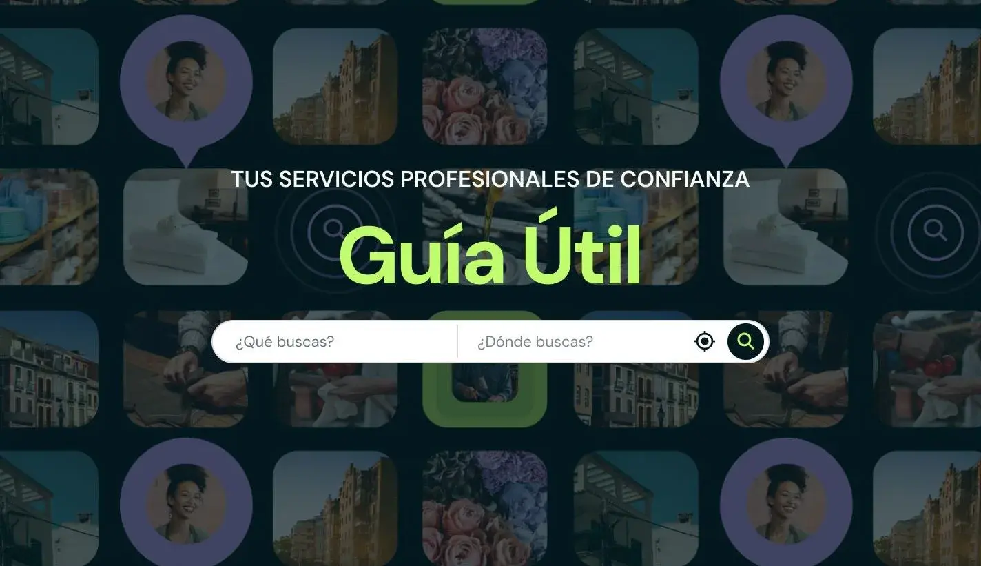 Página «Guía Útil» con un buscador («¿Qué buscas?», «¿Dónde buscas?») sobre un patrón oscuro de fotos redondeadas de negocios.