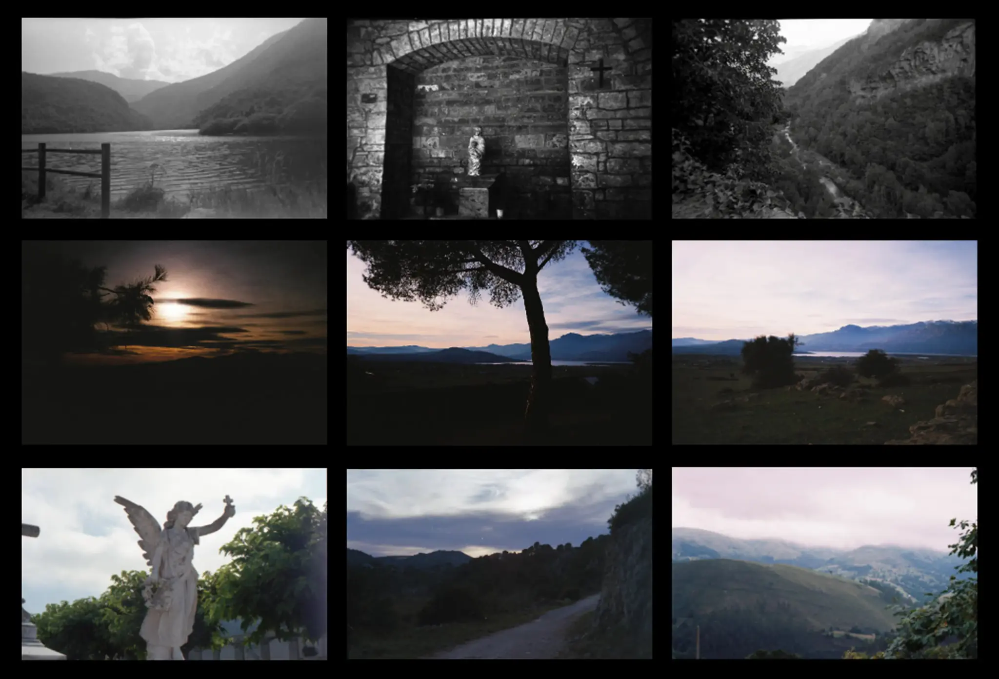 Cuadrícula de nueve fotografías analógicas de paisaje: montañas y lagos, una capilla de piedra con una estatua, atardeceres, un árbol al anochecer y una estatua de ángel.