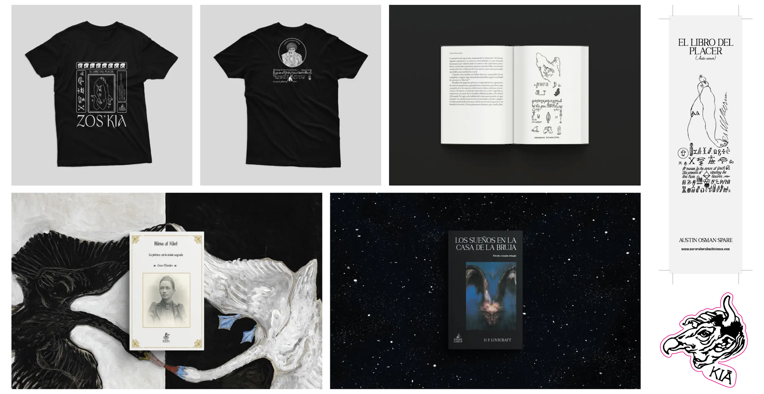 Piezas editoriales de Aurora Dorada: camisetas negras con ilustraciones ocultistas, un libro abierto, un marcapáginas ilustrado, una portada sobre fondo negro estrellado y una pegatina.