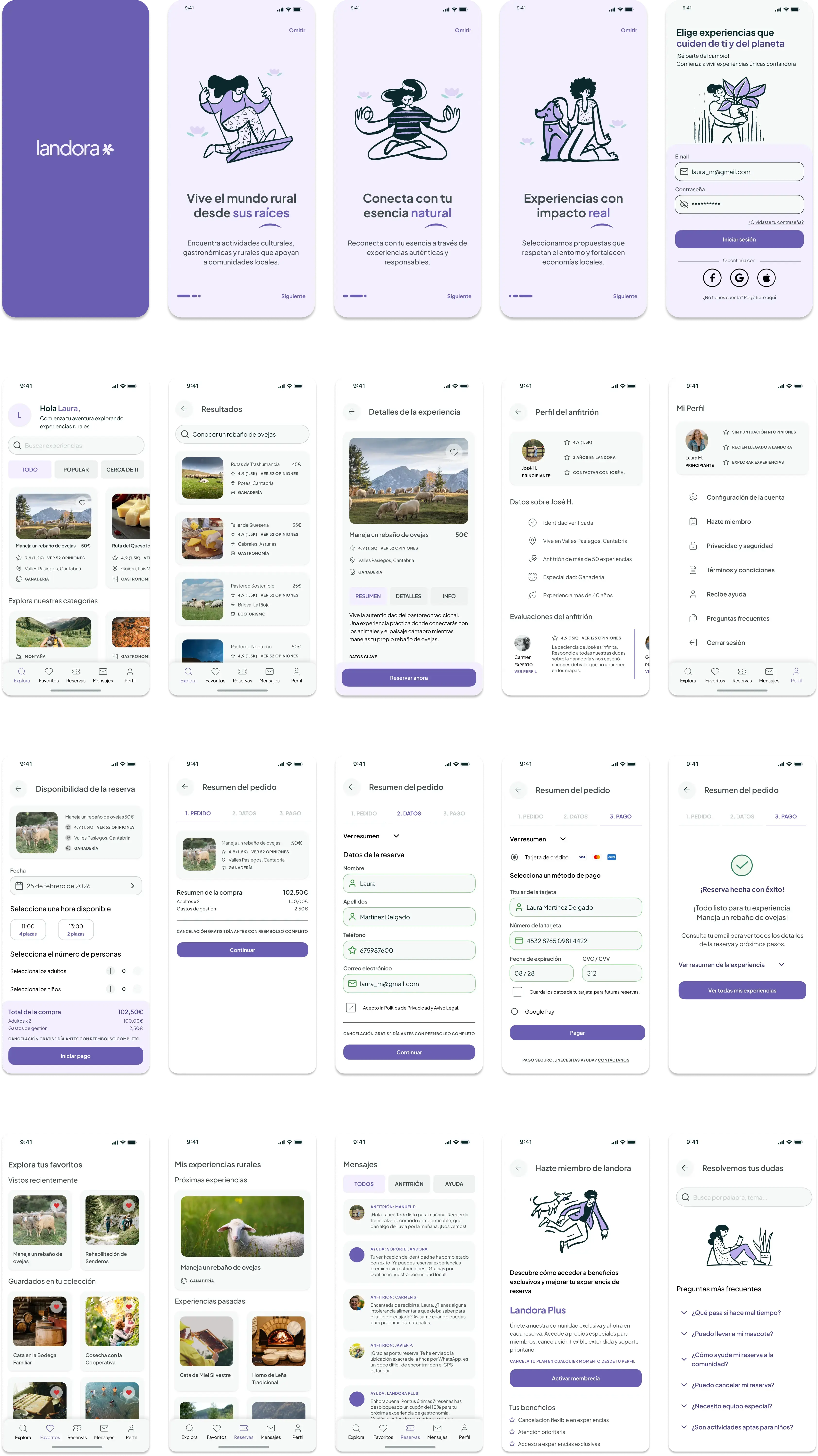Vista general de las pantallas finales de la app de Landora ordenadas en filas, desde las tarjetas lila de onboarding hasta el flujo de reserva.