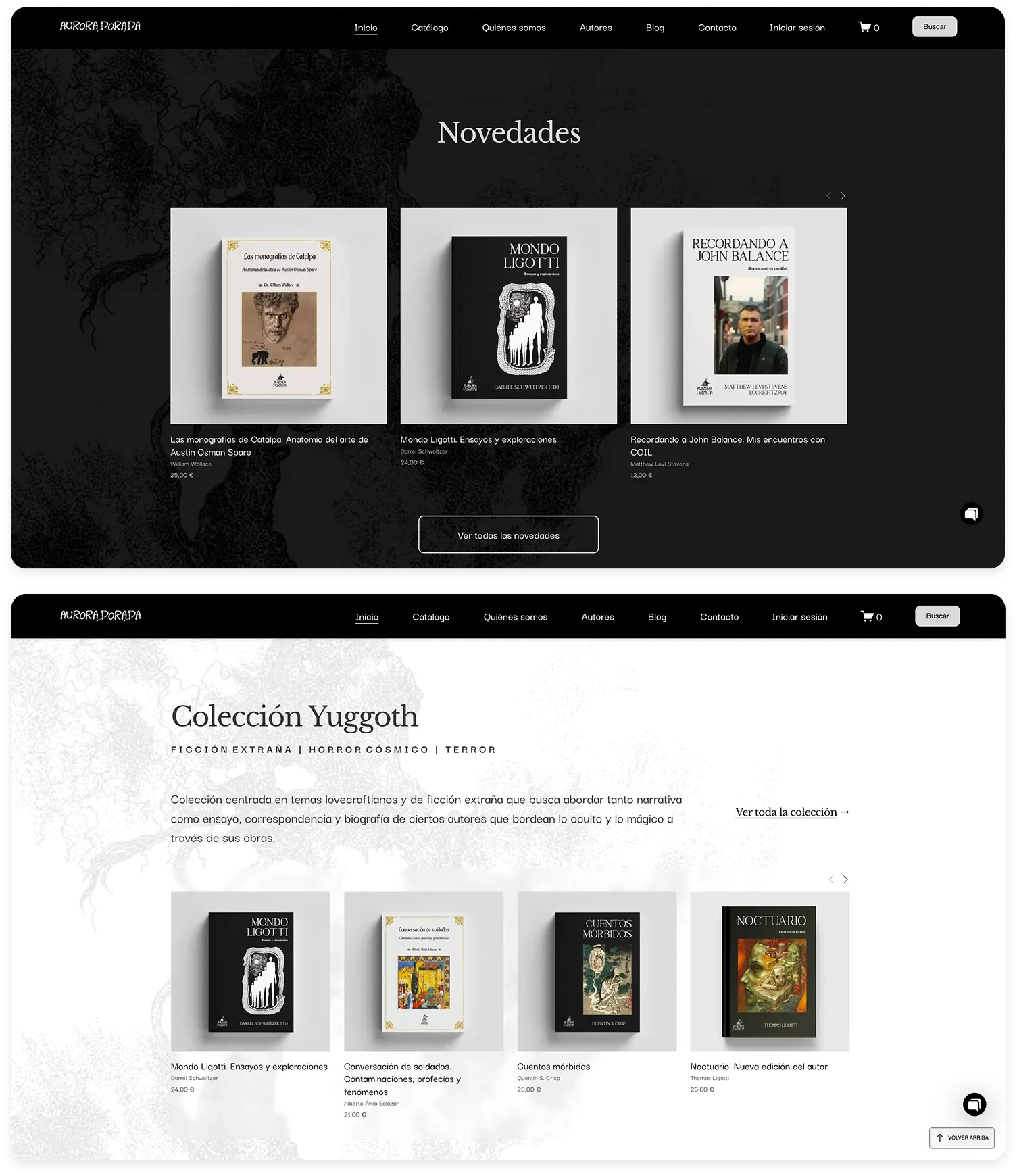 Dos vistas de escritorio de la tienda online rediseñada de Aurora Dorada: una página oscura de «Novedades» con tres libros y otra clara de la «Colección Yuggoth».