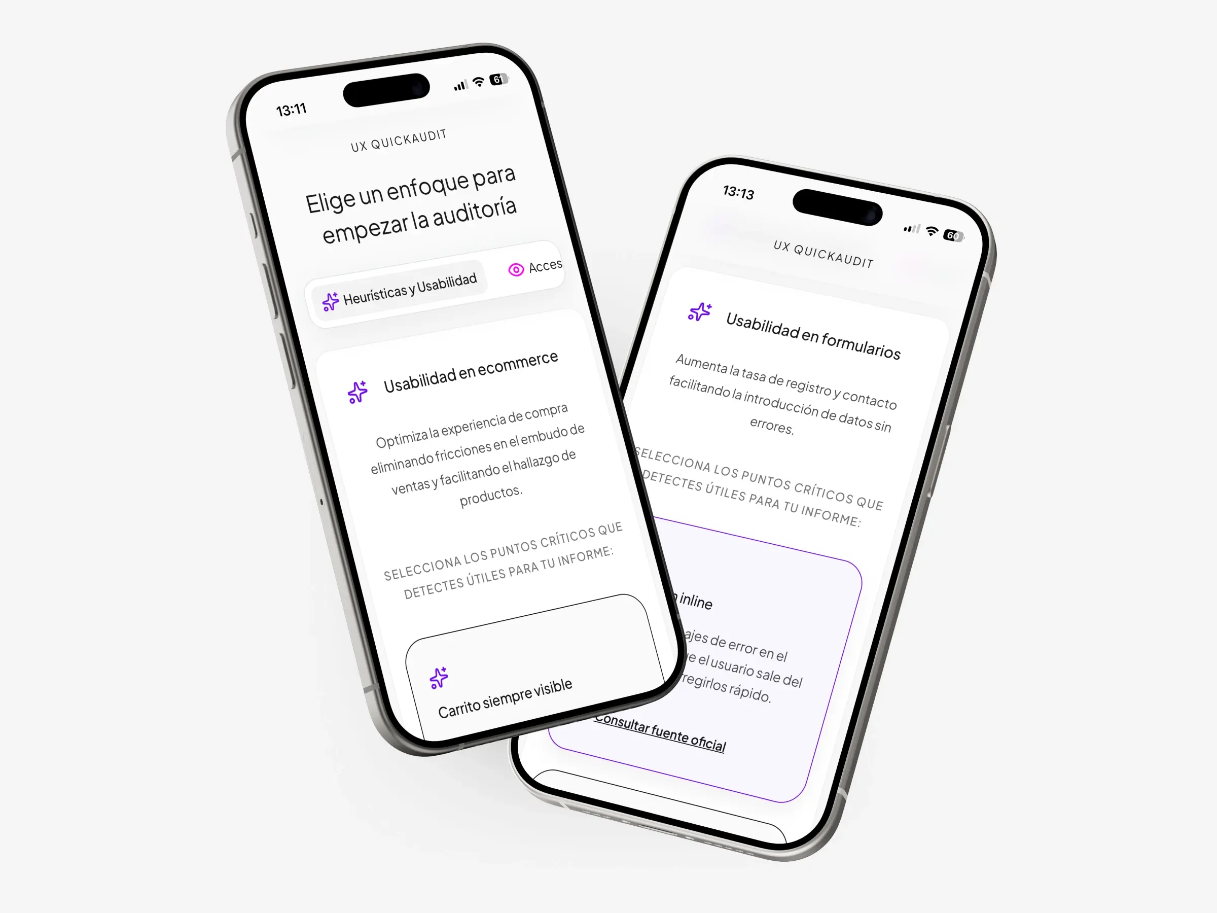 Dos móviles con UX QuickAudit: uno pide elegir un enfoque de auditoría (usabilidad, accesibilidad) y el otro lista puntos de auditoría de usabilidad en formularios.