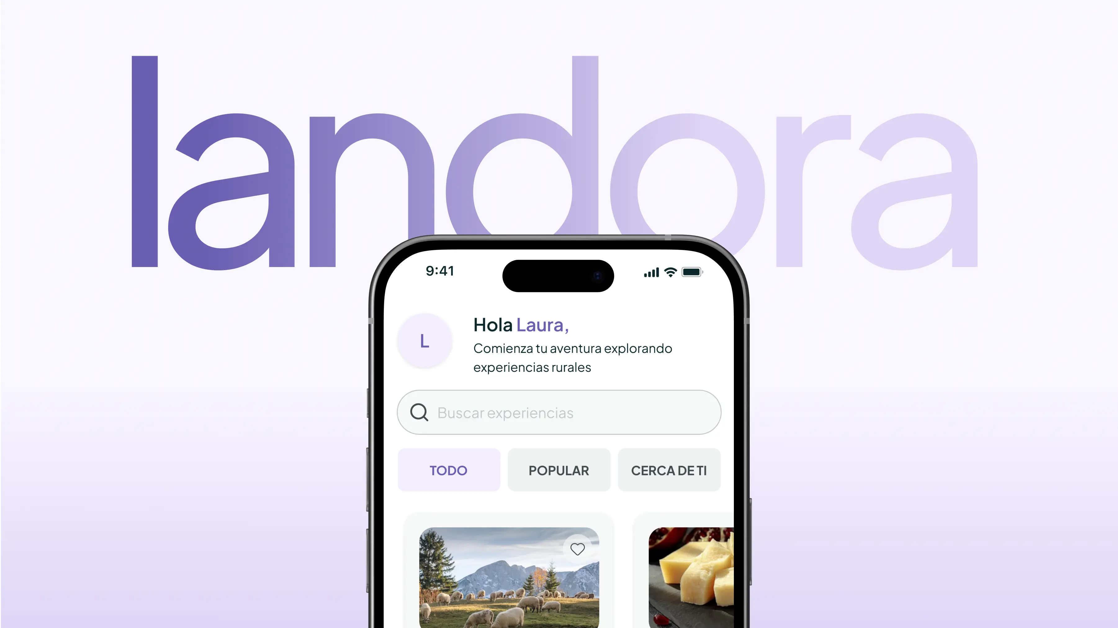 Logotipo «landora» grande en lila sobre un móvil que muestra la pantalla de inicio «Hola Laura» con un buscador.