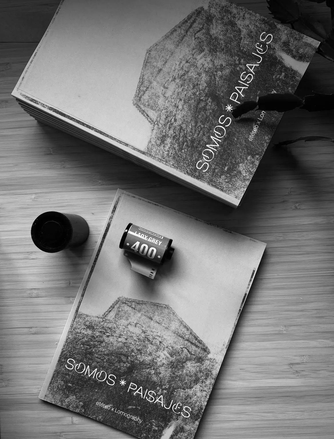 Foto en blanco y negro del zine «Somos Paisajes» y una caja sobre una mesa de madera, junto a un carrete de película de 400 ISO.