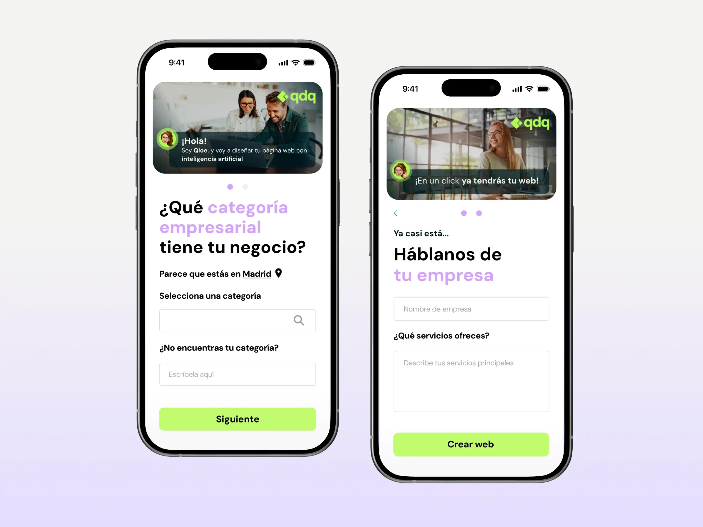Dos pantallas del flujo de Web IA: el primer paso pregunta la categoría empresarial del negocio con un buscador, y el segundo pide el nombre y los servicios de la empresa con el botón «Crear web».