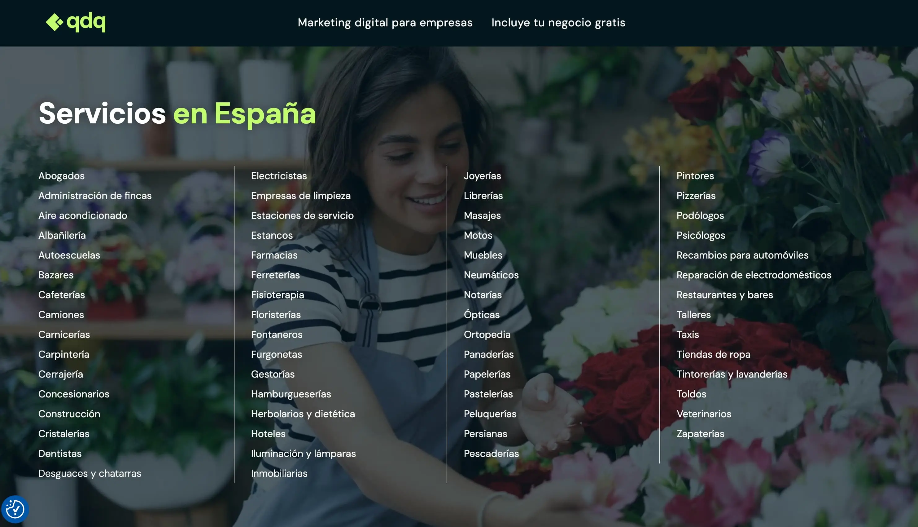 Página «Servicios en España» con las categorías de negocio en cuatro columnas sobre una foto de una floristera.
