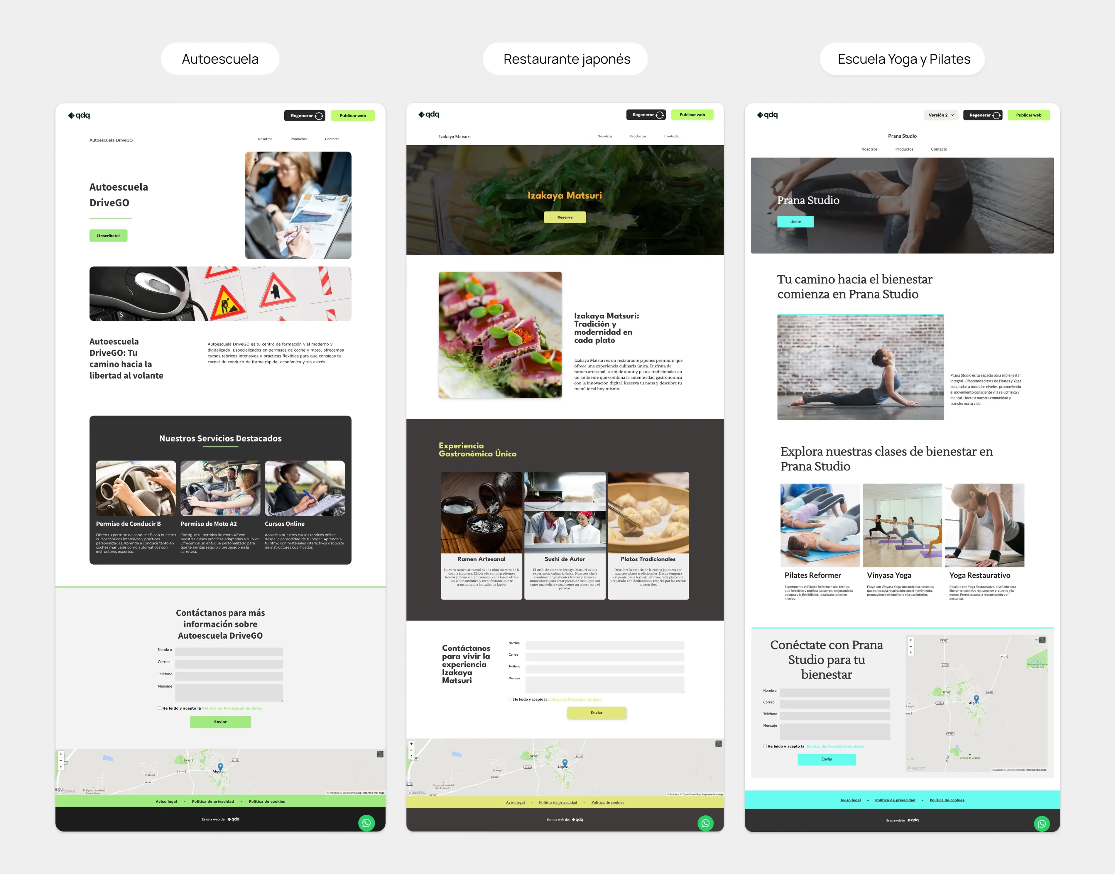 Tres webs generadas con Web IA, una junto a otra: una autoescuela, un restaurante japonés y un estudio de yoga y pilates.