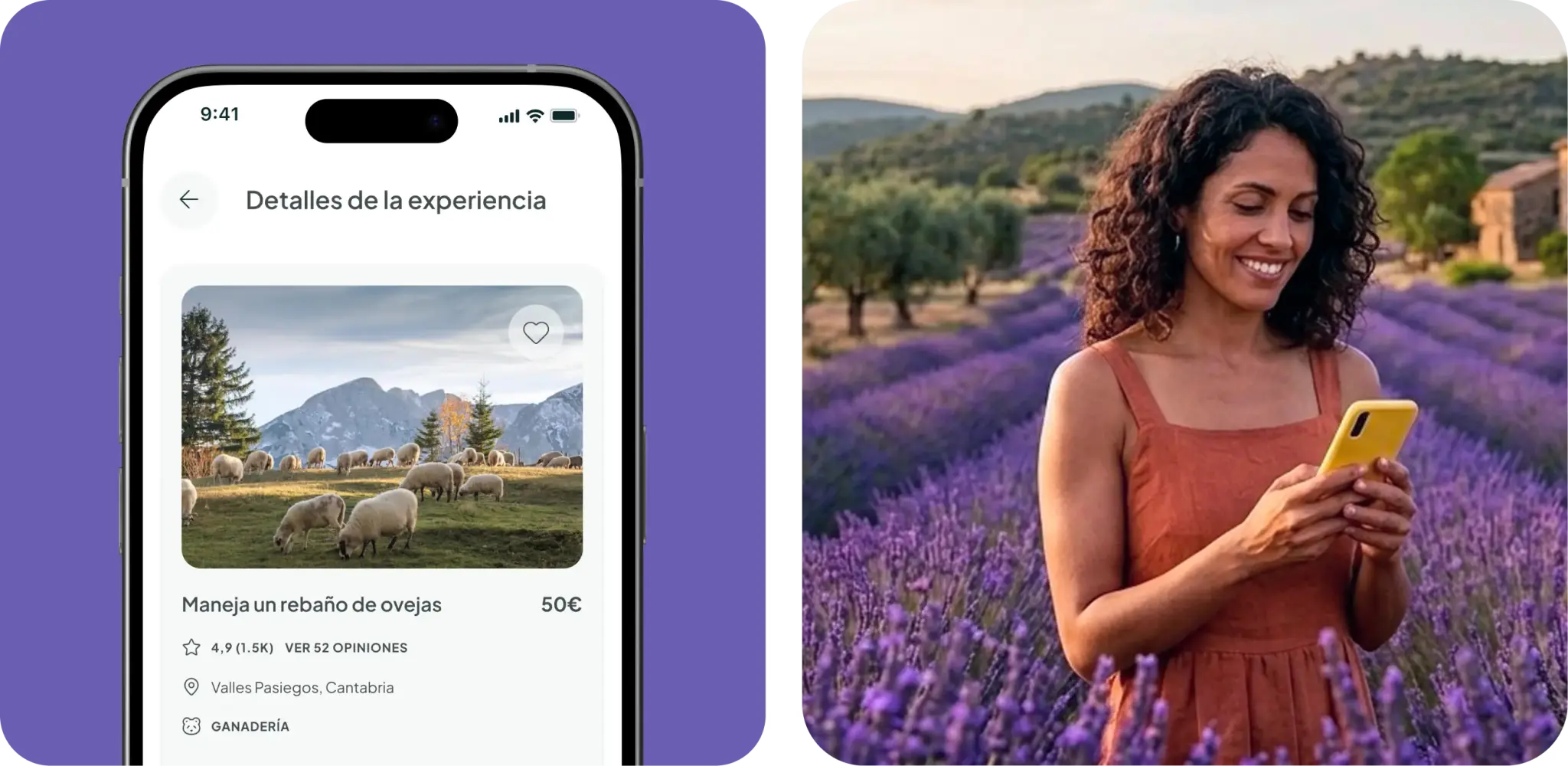 Pantalla de móvil de Landora con el detalle de una experiencia junto a la foto de una mujer sonriendo con su móvil en un campo de lavanda.