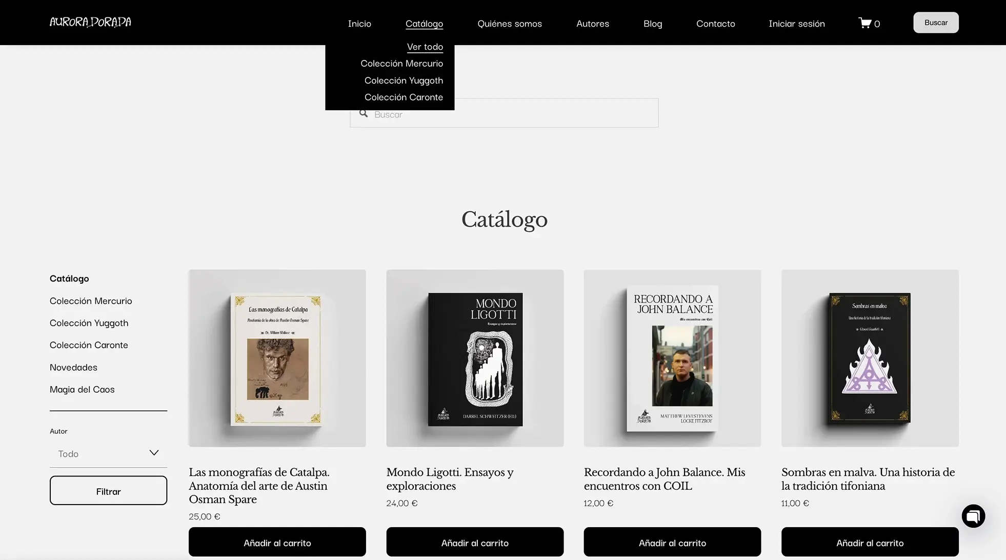 Página de catálogo de Aurora Dorada con un menú desplegable de colecciones, filtros a la izquierda y cuatro libros con botones «Añadir al carrito».