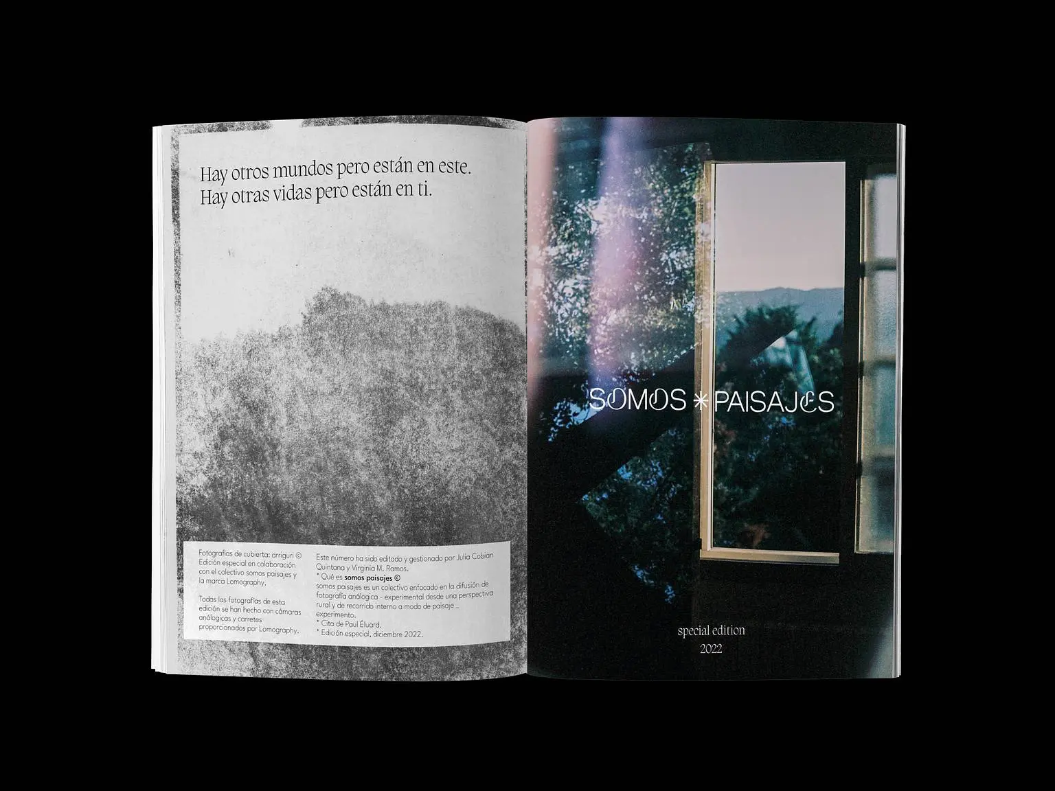 Doble página abierta del zine «Somos Paisajes» en edición especial (2022): una página de texto junto a una fotografía a sangre, sobre fondo negro.
