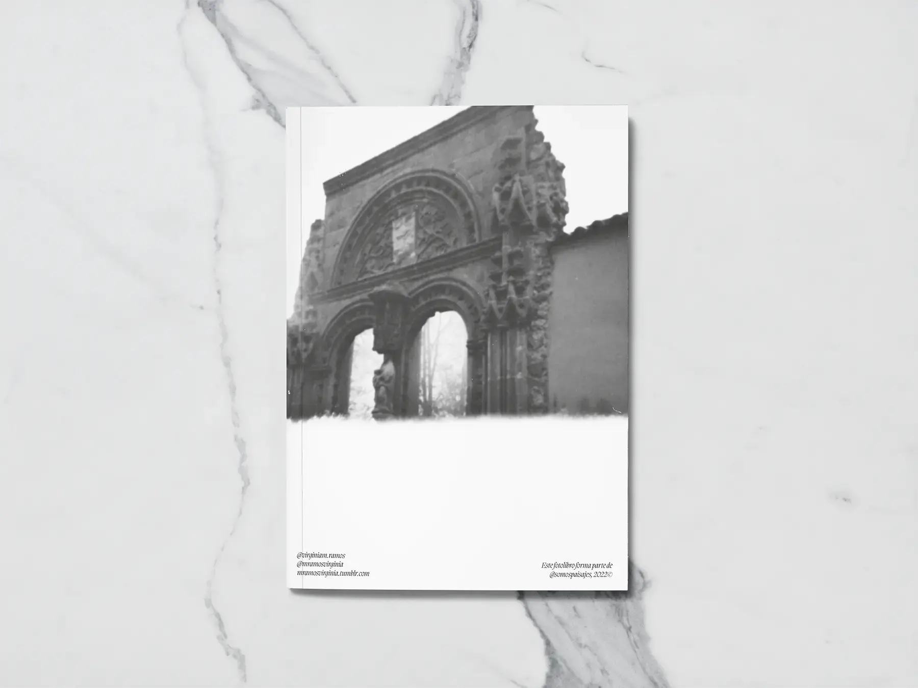 Contraportada del zine con una pequeña fotografía en blanco y negro de un arco de piedra en ruinas, sobre mármol