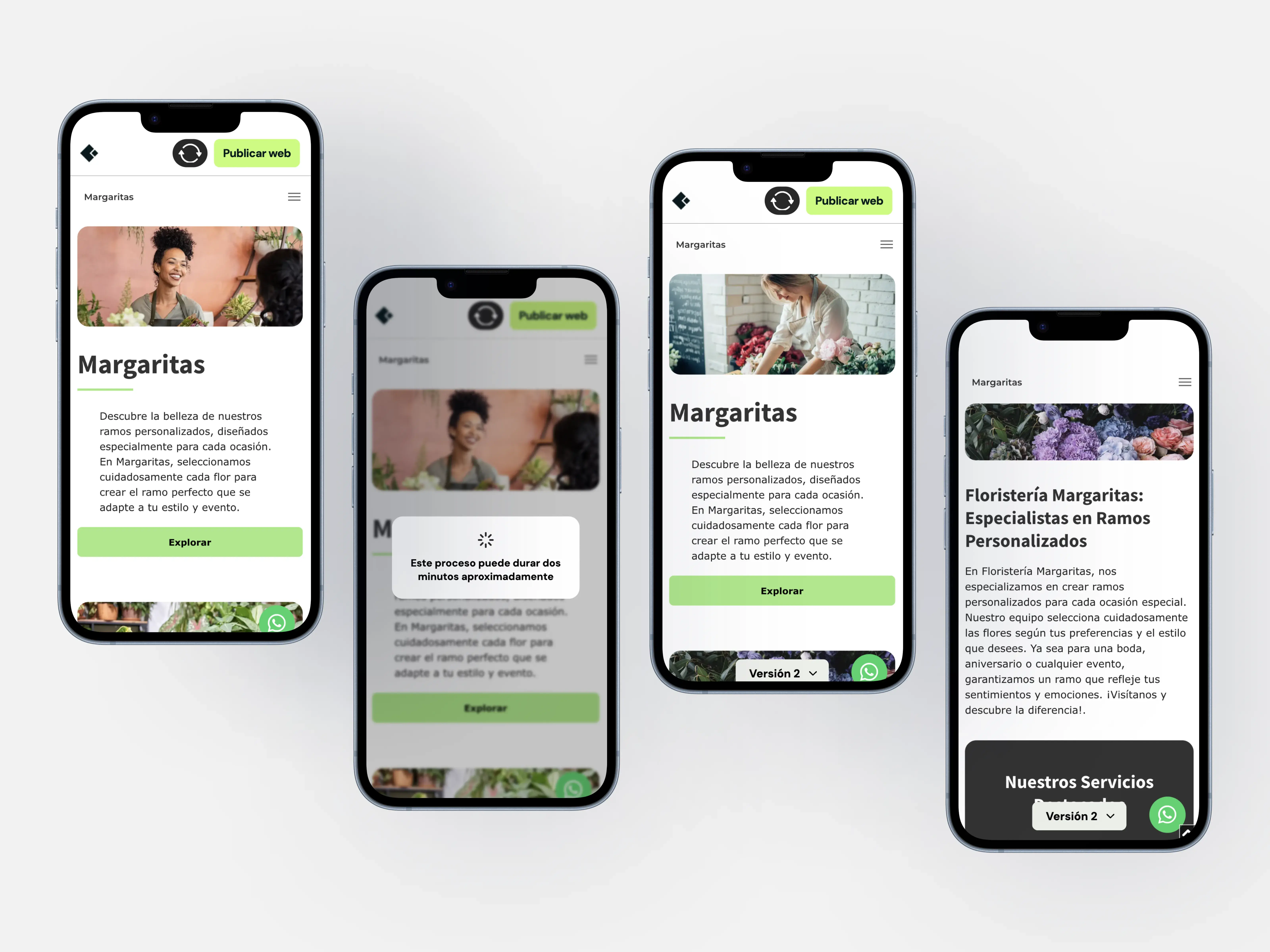 Cuatro pantallas de móvil de la web de una floristería generada con Web IA; una muestra el aviso de carga mientras se crea el sitio, junto al botón «Publicar web».