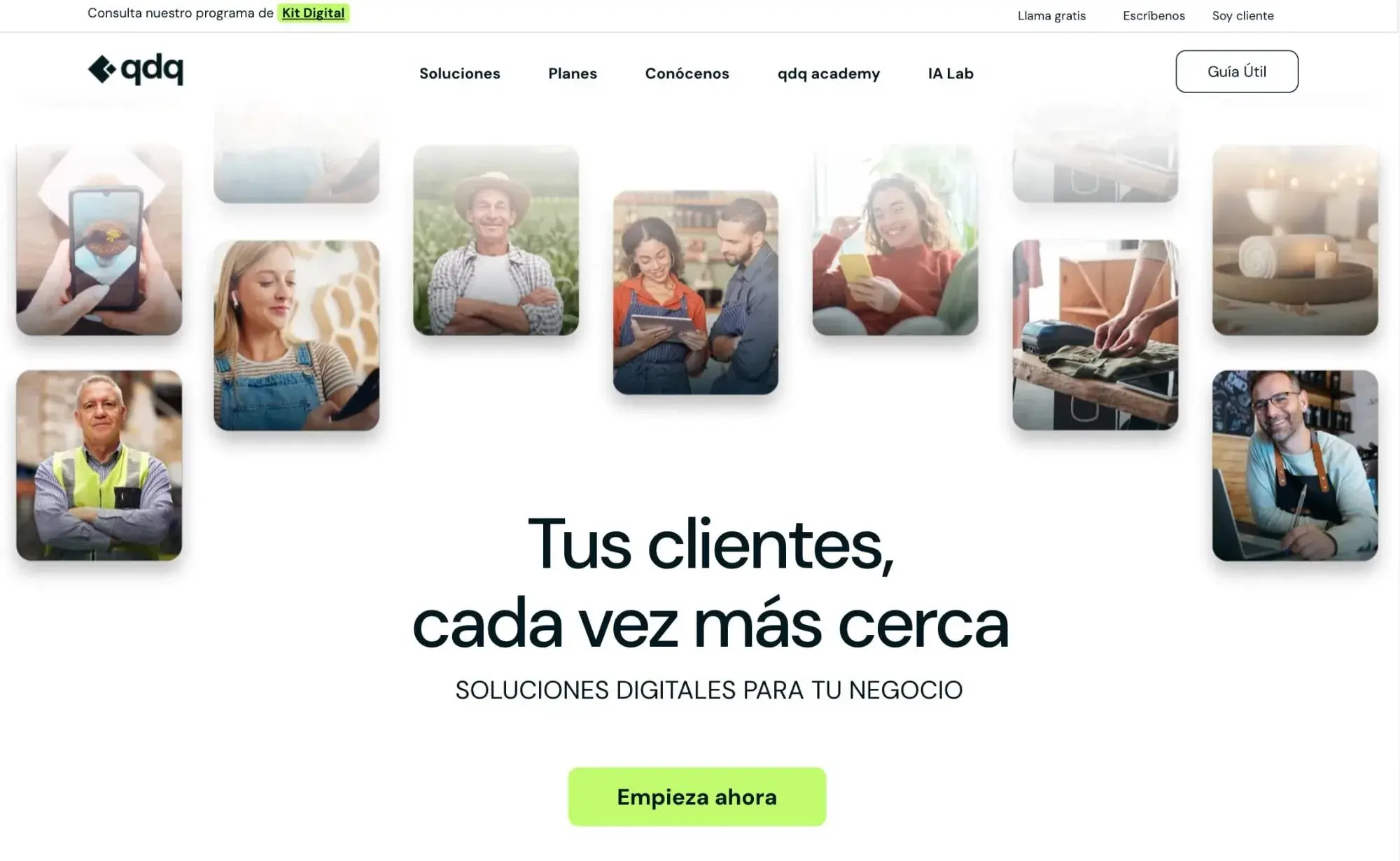 Nueva página de inicio de qdq con el titular «Tus clientes, cada vez más cerca», una cuadrícula de fotos de dueños de negocios y el botón «Empieza ahora».